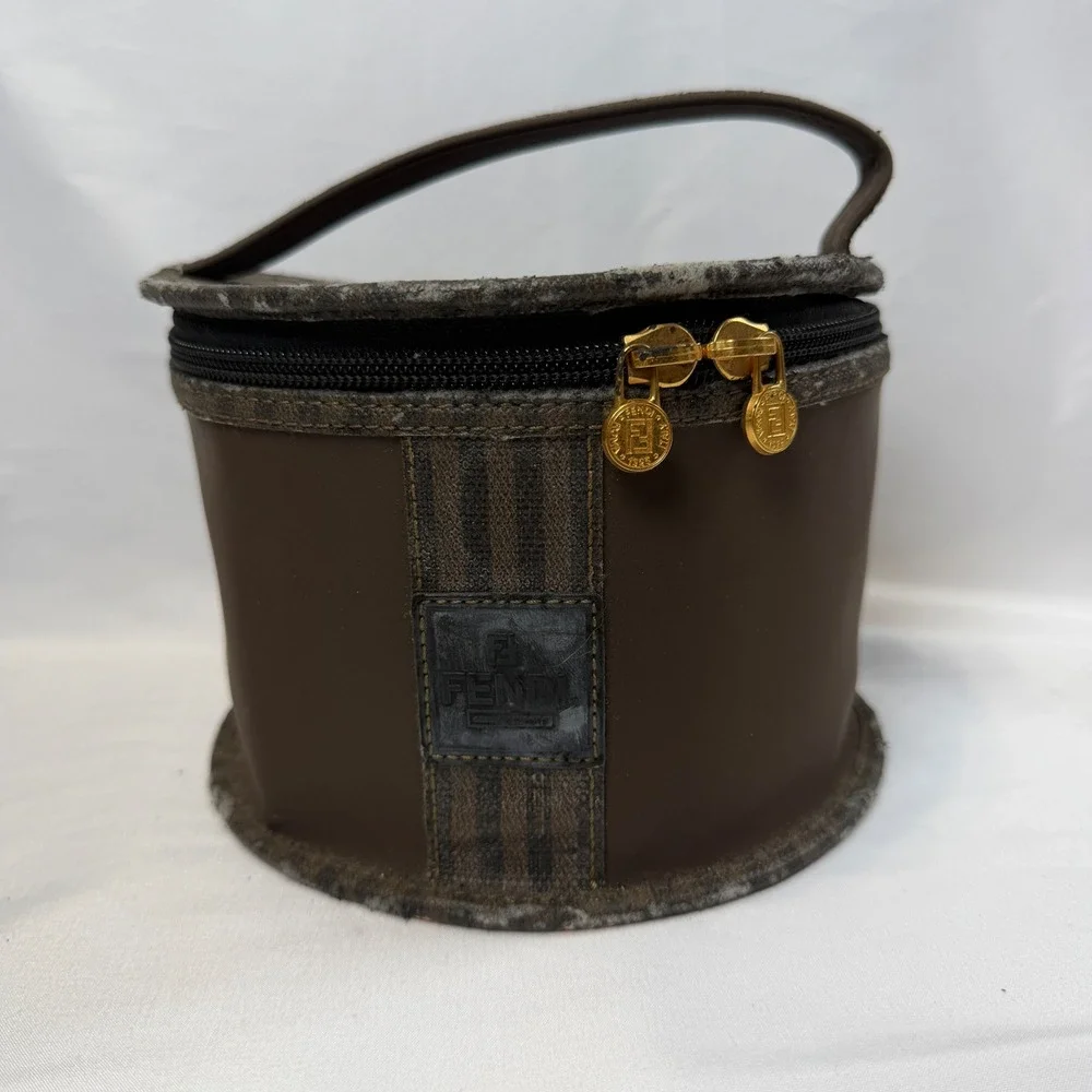 Fendi Vintage Cosmetic Bag Women OS Brown Pequin Stripe Vanity Case Travel Pouch